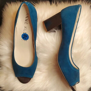 Like NewAnne Klein Iflex Meridith Peep Toe Stacked Heel Pumps Teal Leather Upper